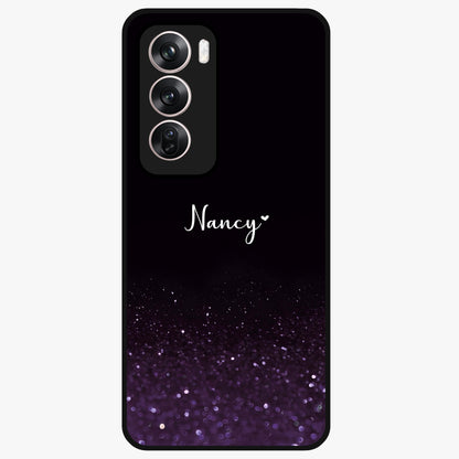Glittery Purple Bokeh Custom Name Glass Case showing flat back view with purple bokeh sparkle artwork and personalized name design.