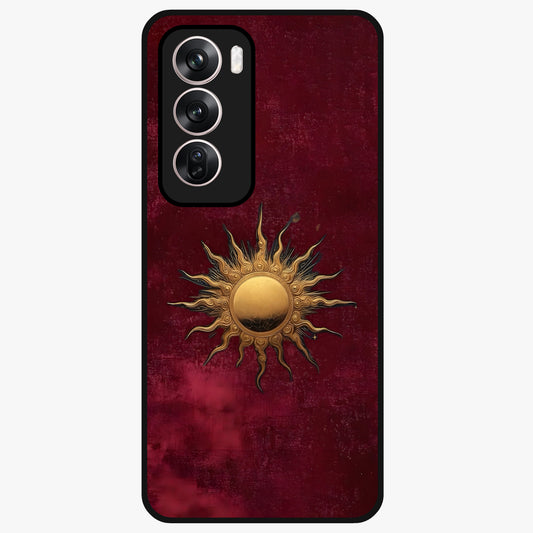 Gold Sun Blush Glass Case showing flat back view with golden sun inspired artwork and glossy glass finish.