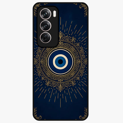 Golden Evil Eye Mandala Glass Case showing flat back view with intricate evil eye mandala artwork and glossy glass finish.