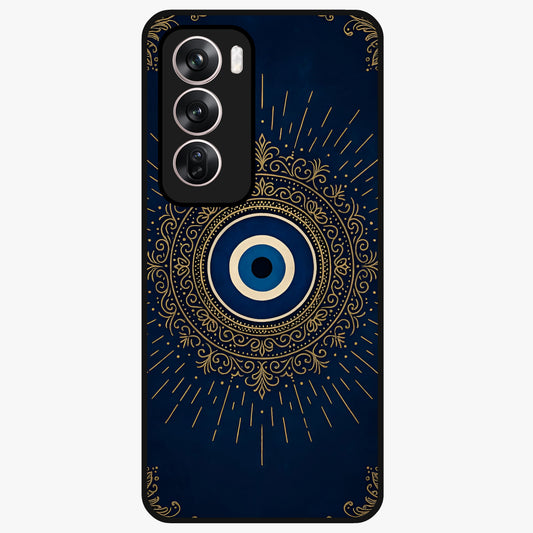 Golden Evil Eye Mandala Glass Case showing flat back view with intricate evil eye mandala artwork and glossy glass finish.
