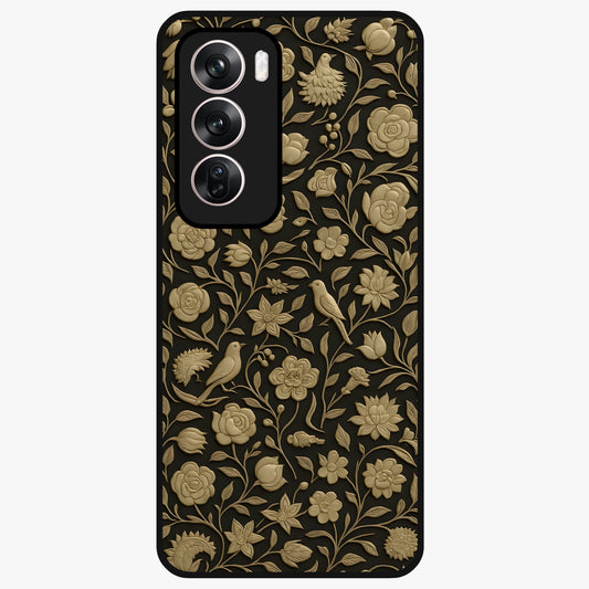 Golden Floral Majesty Glass Case showing flat back view with luxurious golden floral artwork and glossy glass finish.