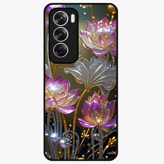 Golden Lotus Glow Glass Case showing flat back view with glowing lotus flower artwork and glossy glass finish.