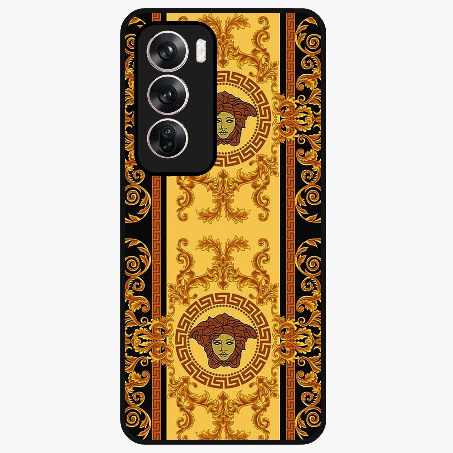 Golden Royal Heritage Glass Case showing flat back view with ornate royal pattern artwork and glossy glass finish.