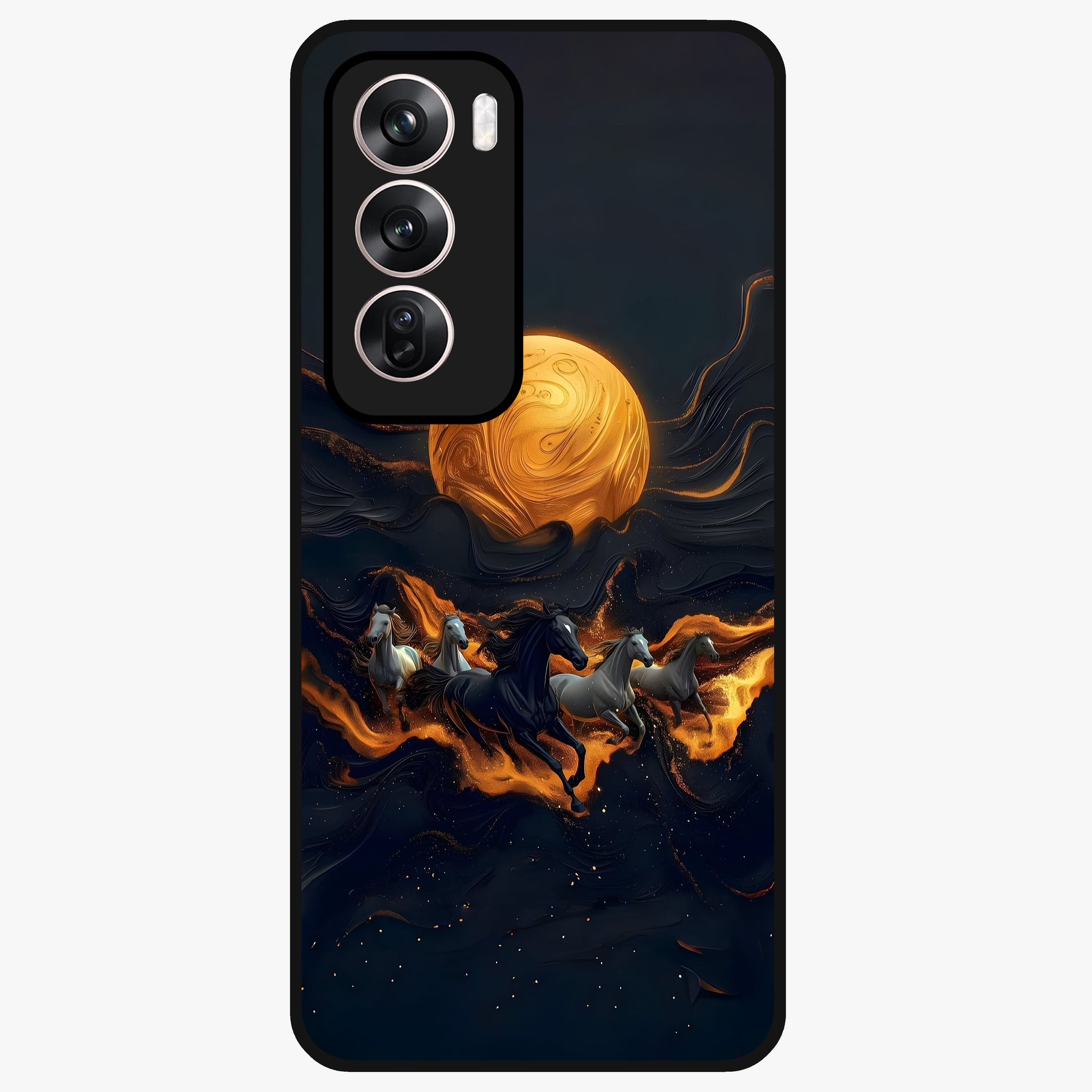 Golden Stallion Moonride Glass Case showing flat back view with majestic horse under moonlight artwork and glossy glass finish.