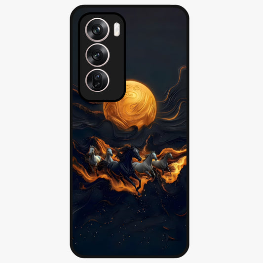 Golden Stallion Moonride Glass Case showing flat back view with majestic horse under moonlight artwork and glossy glass finish.