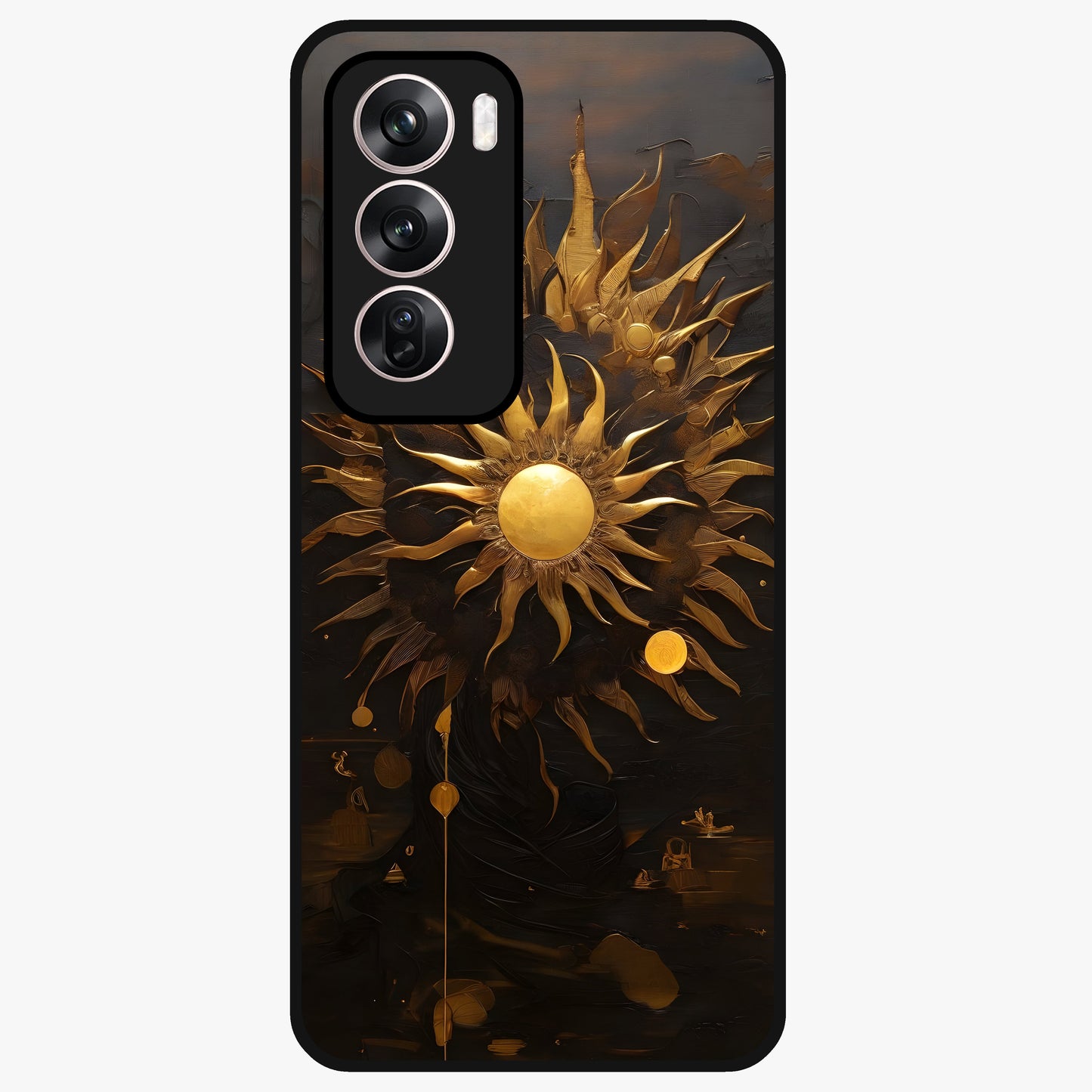 Golden Sun Majesty Glass Case showing flat back view with radiant golden sun artwork and glossy glass finish.