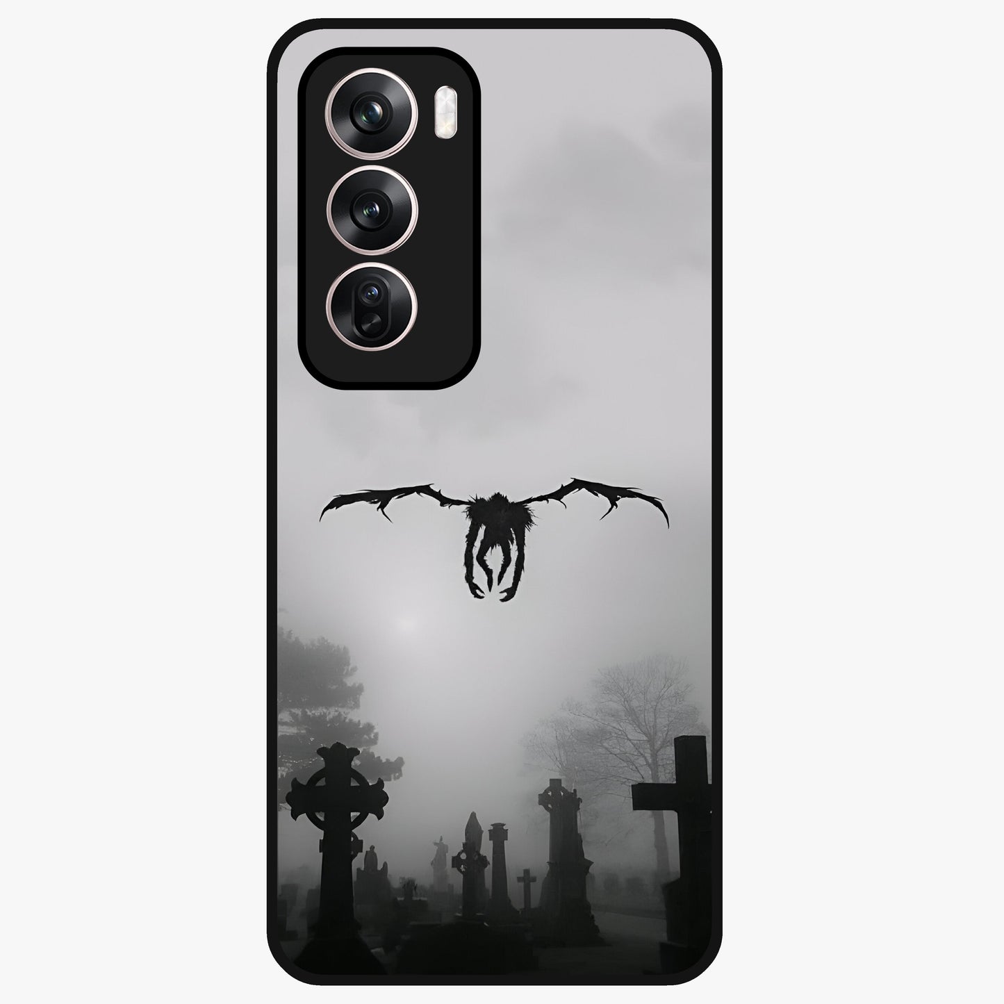 Graveyard Shadow Descent Glass Case showing flat back view with dark graveyard themed artwork and glossy glass finish.