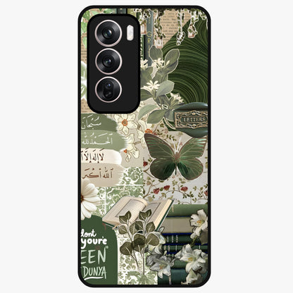 Green Islamic Books Quotes Glass Case showing flat back view with Islamic quotes and book themed artwork and glossy glass finish.