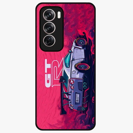GT-R Car Pattern Glass Case showing flat back view with sporty car inspired pattern artwork and glossy glass finish.