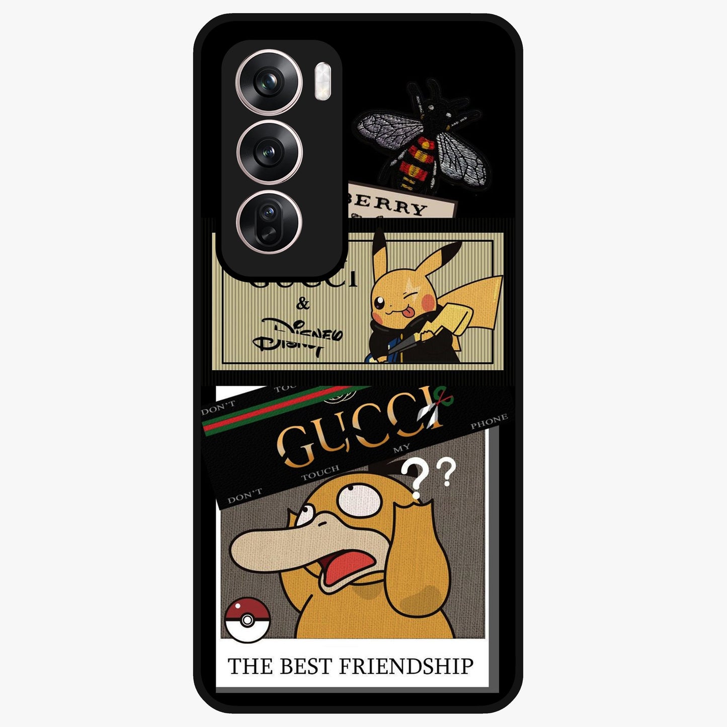 Gucci Play Mashup Glass Case showing flat back view with luxury inspired graphic artwork and glossy glass finish.