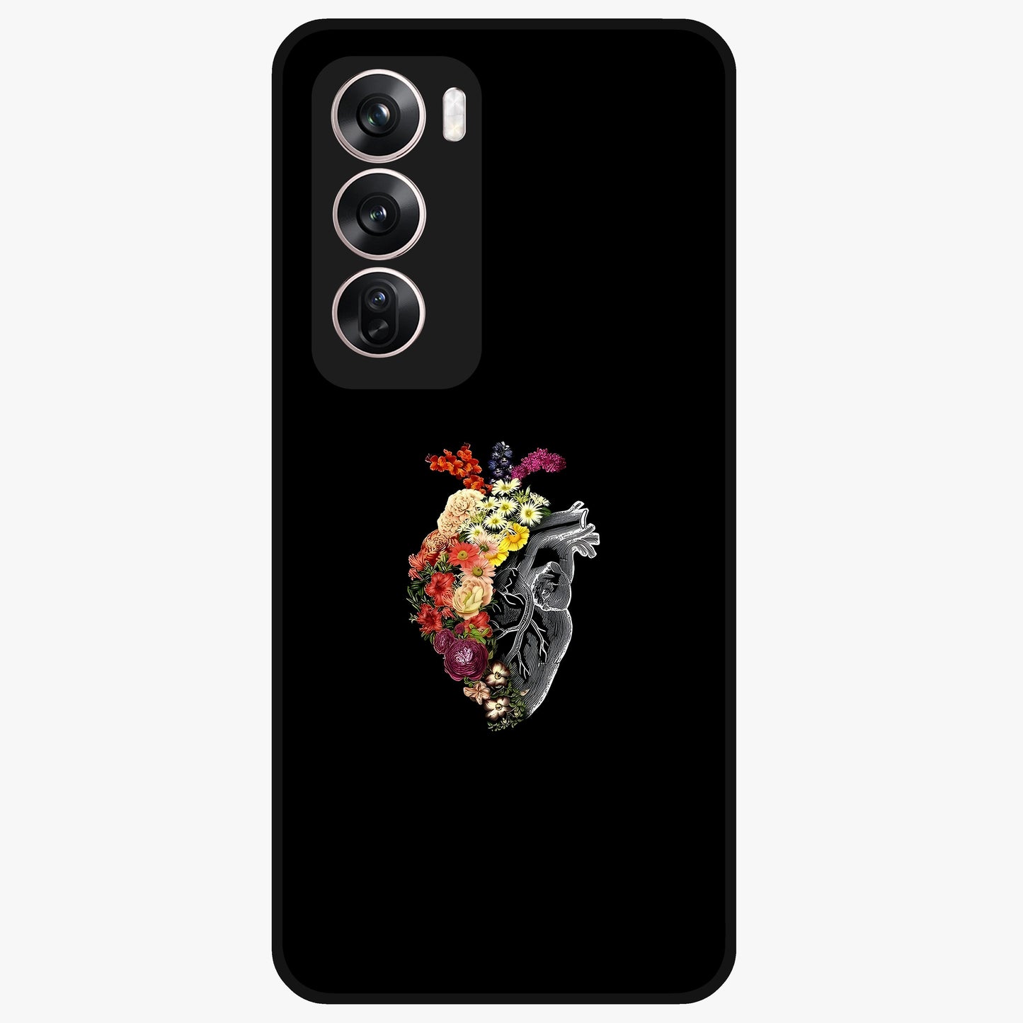 Heart With Flowers Glass Case showing flat back view with heart shaped floral artwork and glossy glass finish.