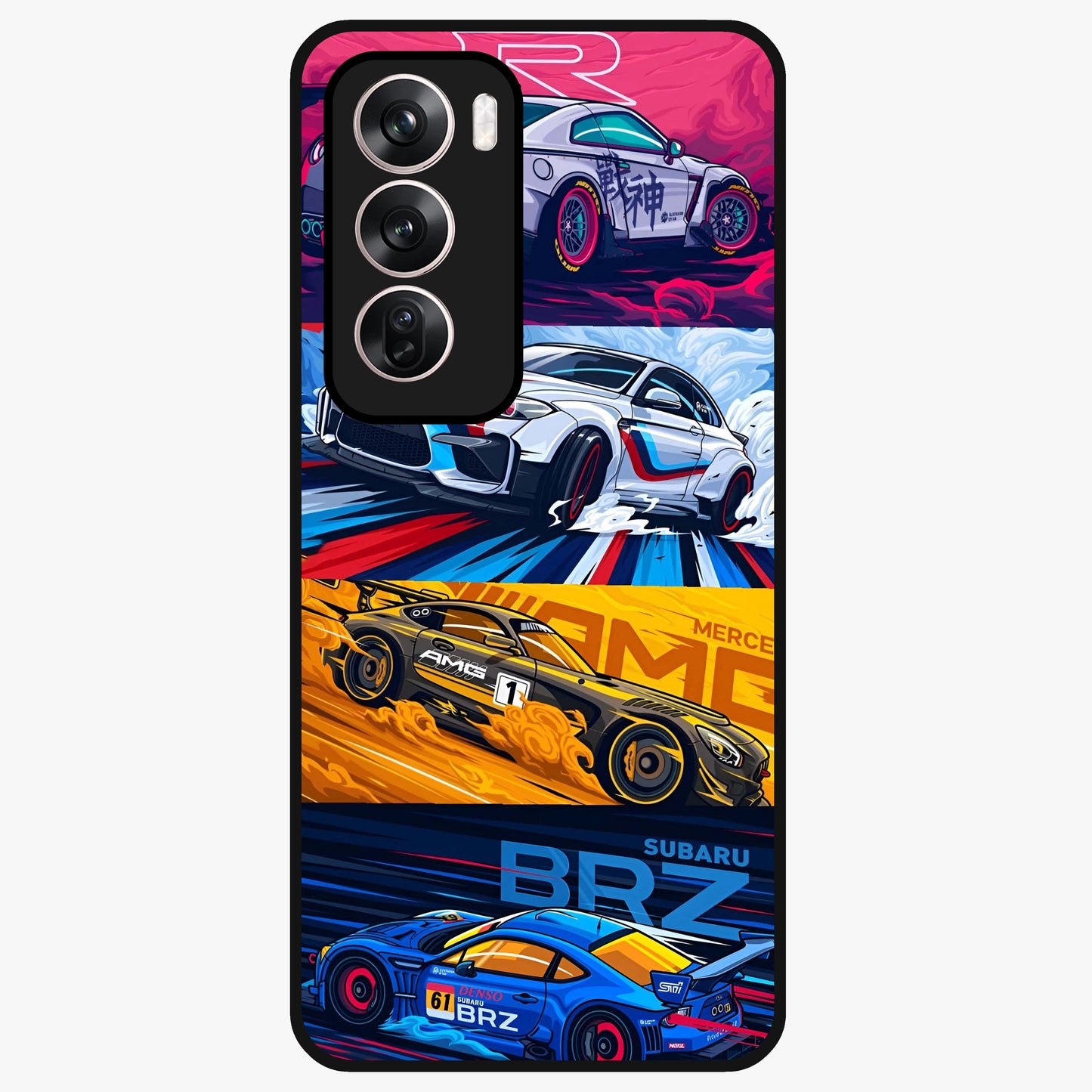 JDM Sports Car Glass Case showing flat back view with high performance sports car artwork and glossy glass finish.