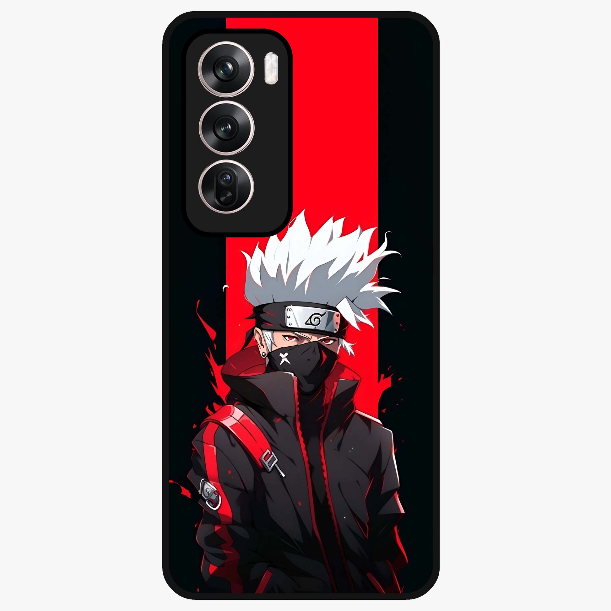 Kakashi Scarlet Shadow Glass Case showing flat back view with powerful anime ninja artwork and glossy glass finish.