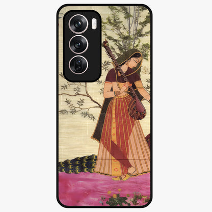 Lady With Veena Art Glass Case showing flat back view with elegant woman playing veena artwork and glossy glass finish.