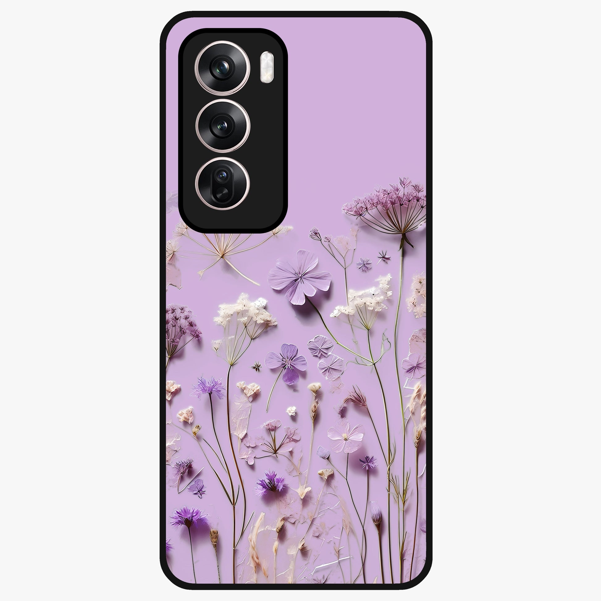Lavender Blossom Dream Glass Case showing flat back view with soft lavender floral artwork and glossy glass finish.