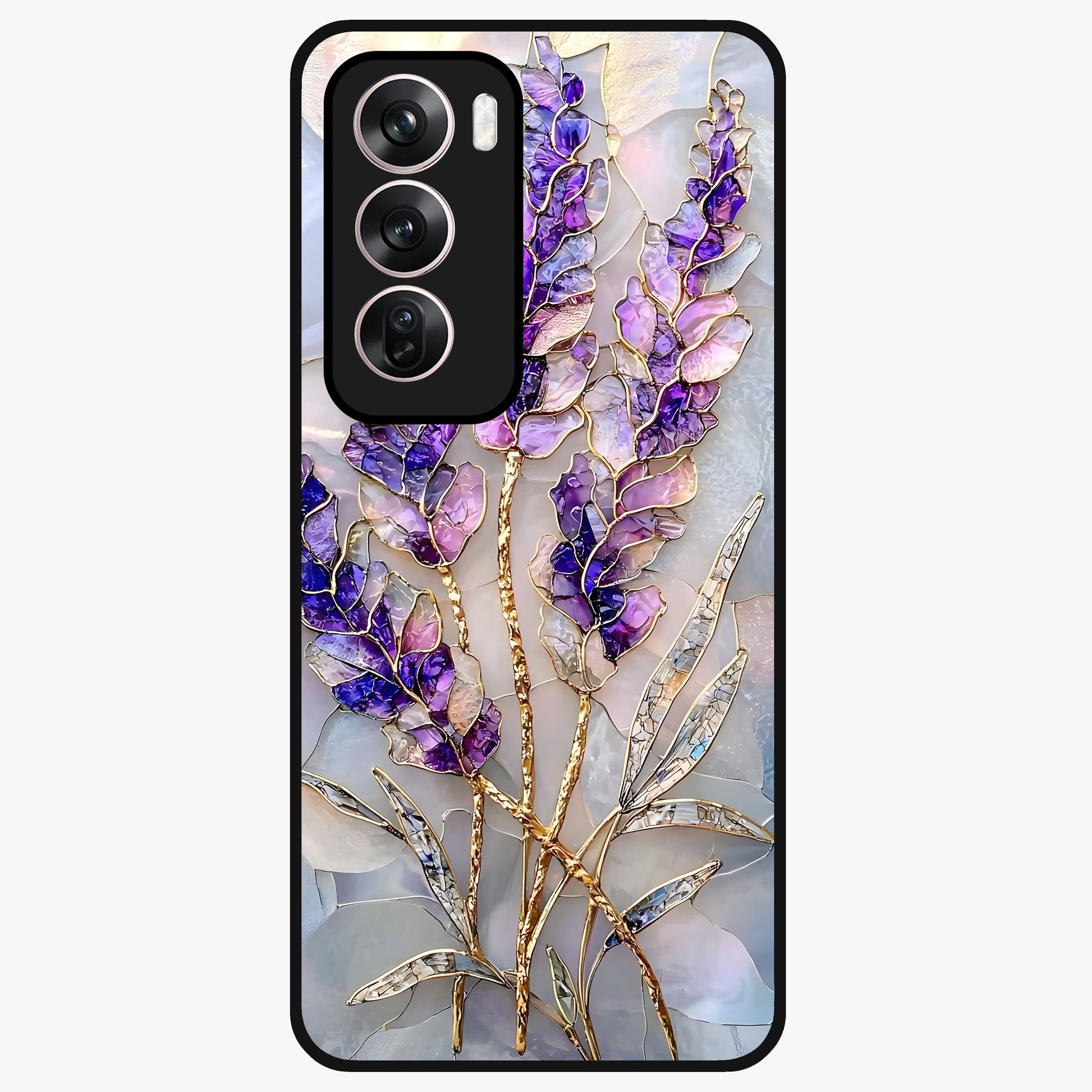 Lavender Dream Glow Glass Case showing flat back view with glowing lavender aesthetic artwork and glossy glass finish.