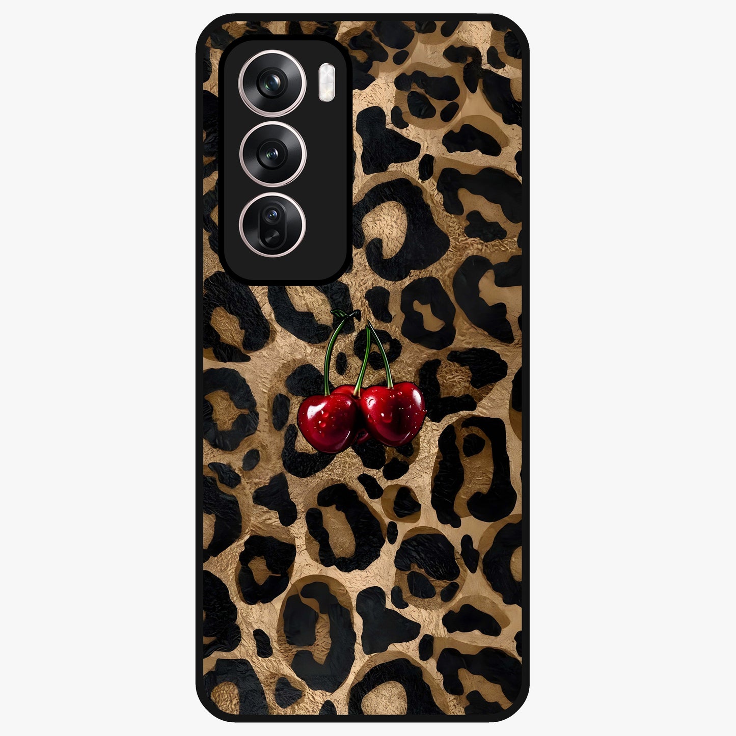Leopard Wild Cherry Glass Case showing flat back view with leopard pattern and cherry artwork and glossy glass finish.