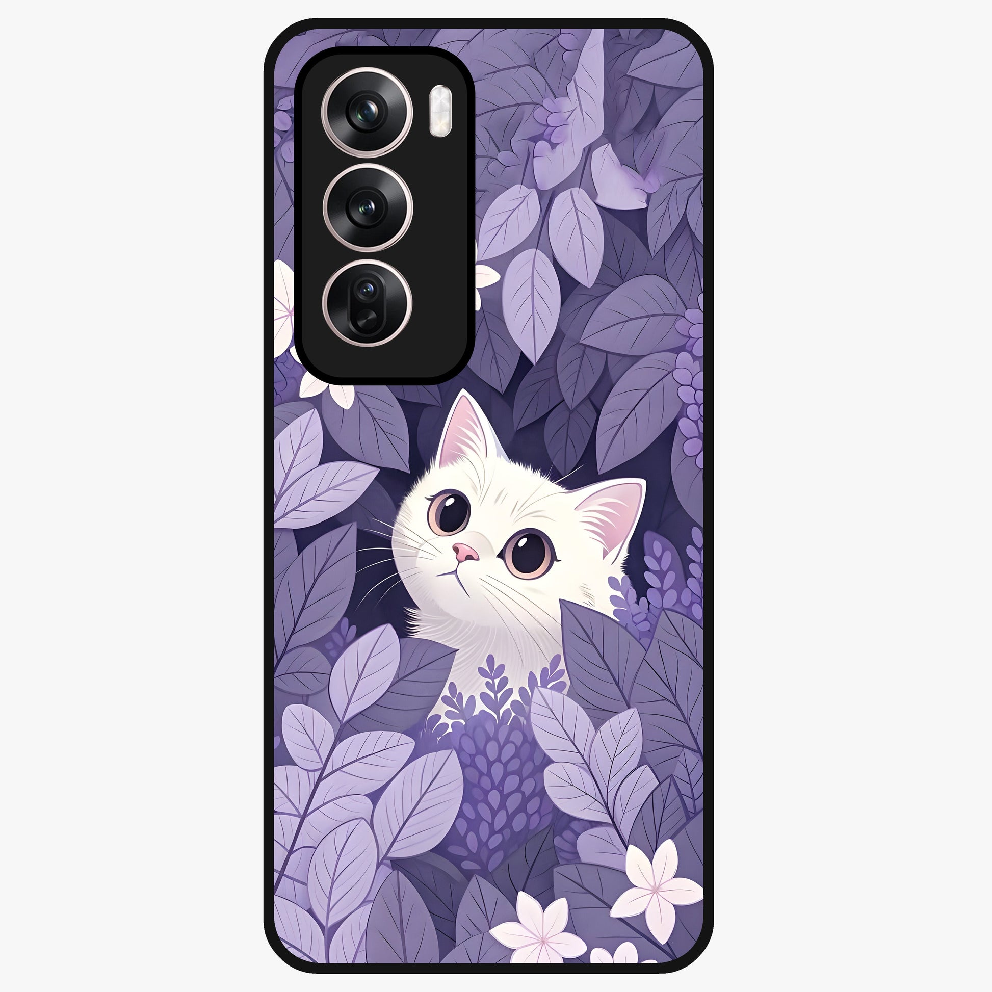 Lilac Hide Peek Cat Glass Case showing flat back view with cute peeking cat artwork and glossy glass finish.