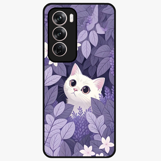 Lilac Hide Peek Cat Glass Case showing flat back view with cute peeking cat artwork and glossy glass finish.