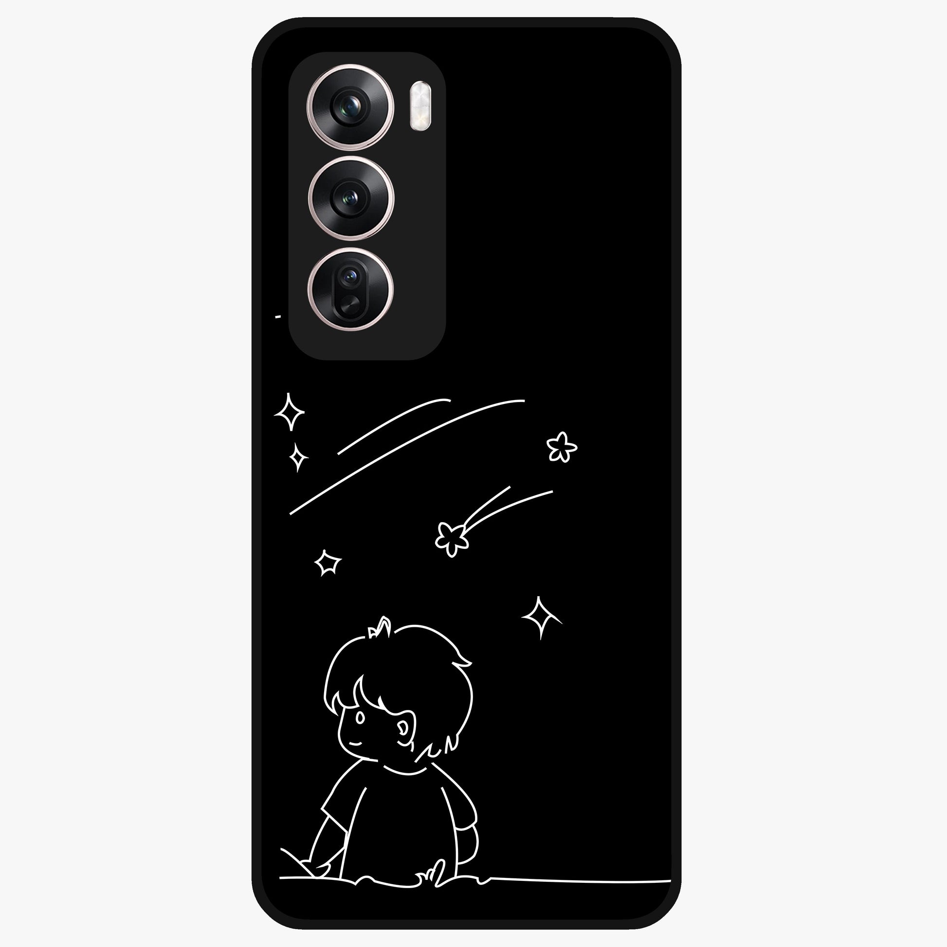 Line Art Boy With Shooting Stars Glass Case showing flat back view with minimal line art boy and shooting stars illustration and glossy glass finish.