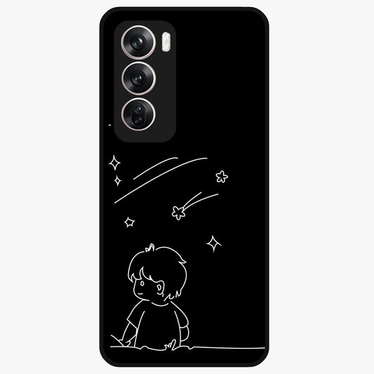 Line Art Boy With Shooting Stars Glass Case showing flat back view with minimal line art boy and shooting stars illustration and glossy glass finish.