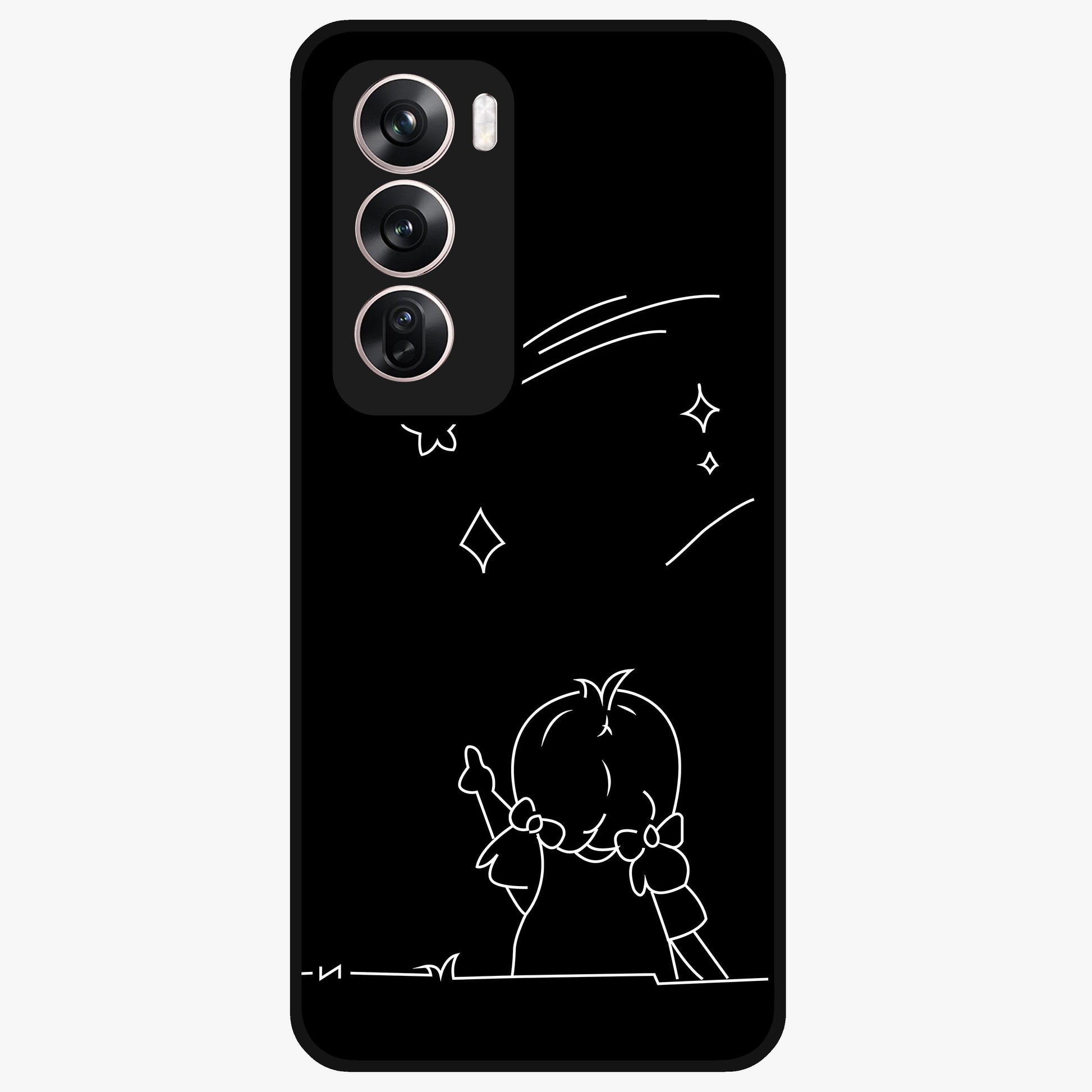 Line Art Girl With Shooting Stars Glass Case showing flat back view with minimal line art girl and shooting stars illustration and glossy glass finish.