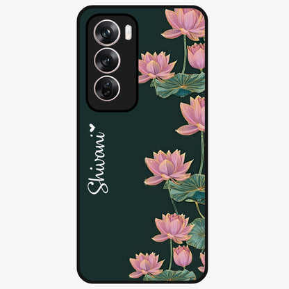 Lotus Bloom Serenity Custom Name Glass Case showing flat back view with elegant lotus flower artwork and personalized name design.