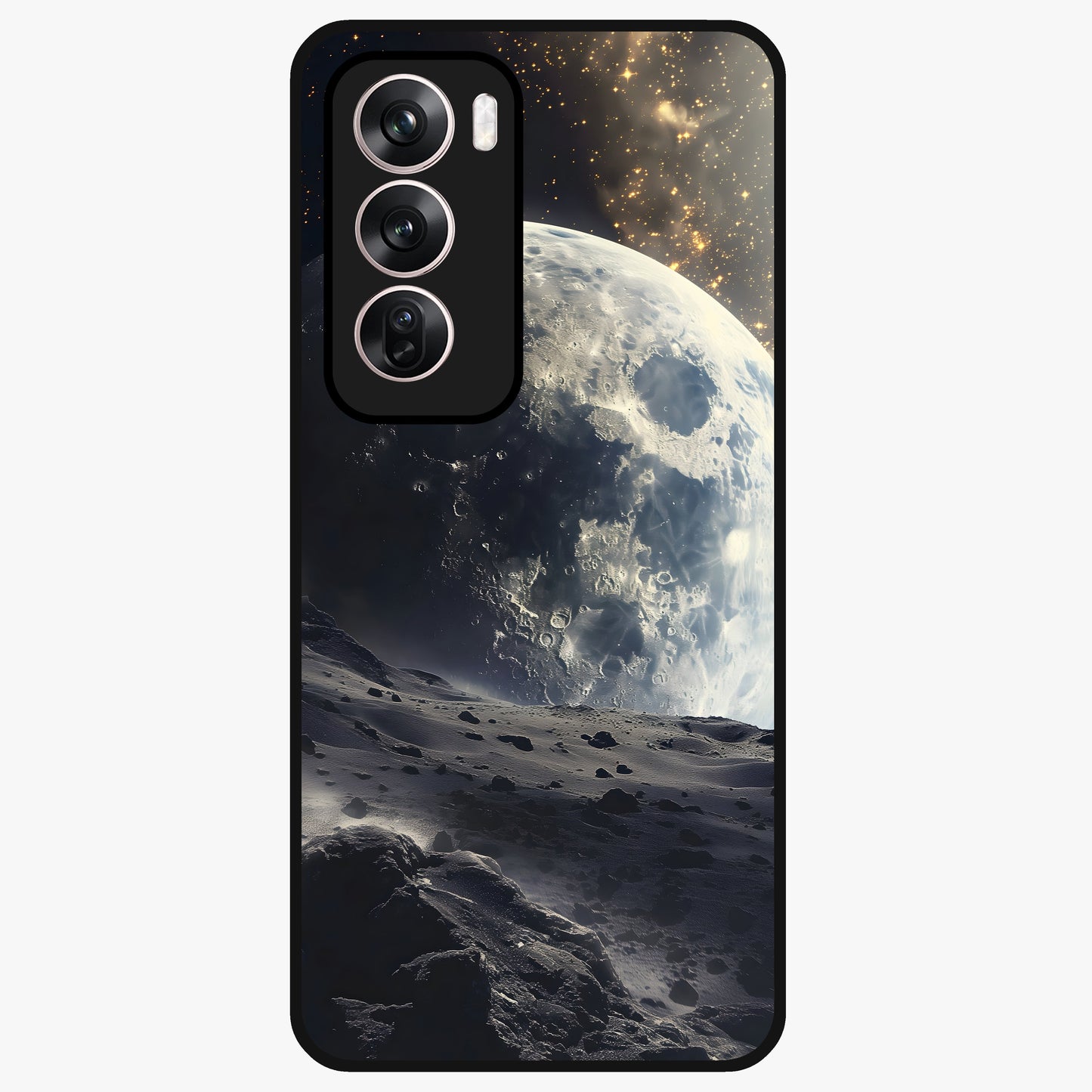 Lunar Horizon Glow Glass Case showing flat back view with glowing moon horizon artwork and glossy glass finish.