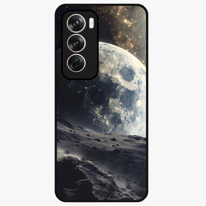 Lunar Horizon Glow Glass Case showing flat back view with glowing moon horizon artwork and glossy glass finish.