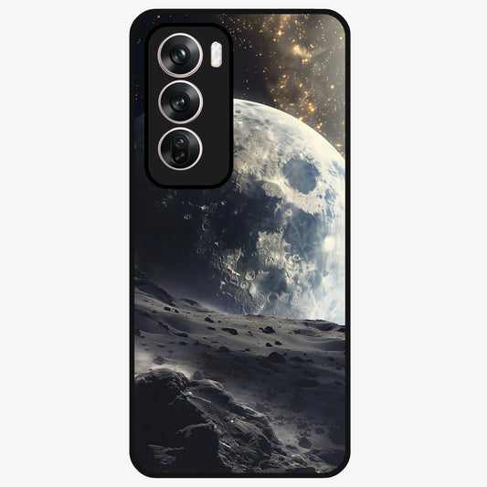 Lunar Horizon Glow Glass Case showing flat back view with glowing moon horizon artwork and glossy glass finish.