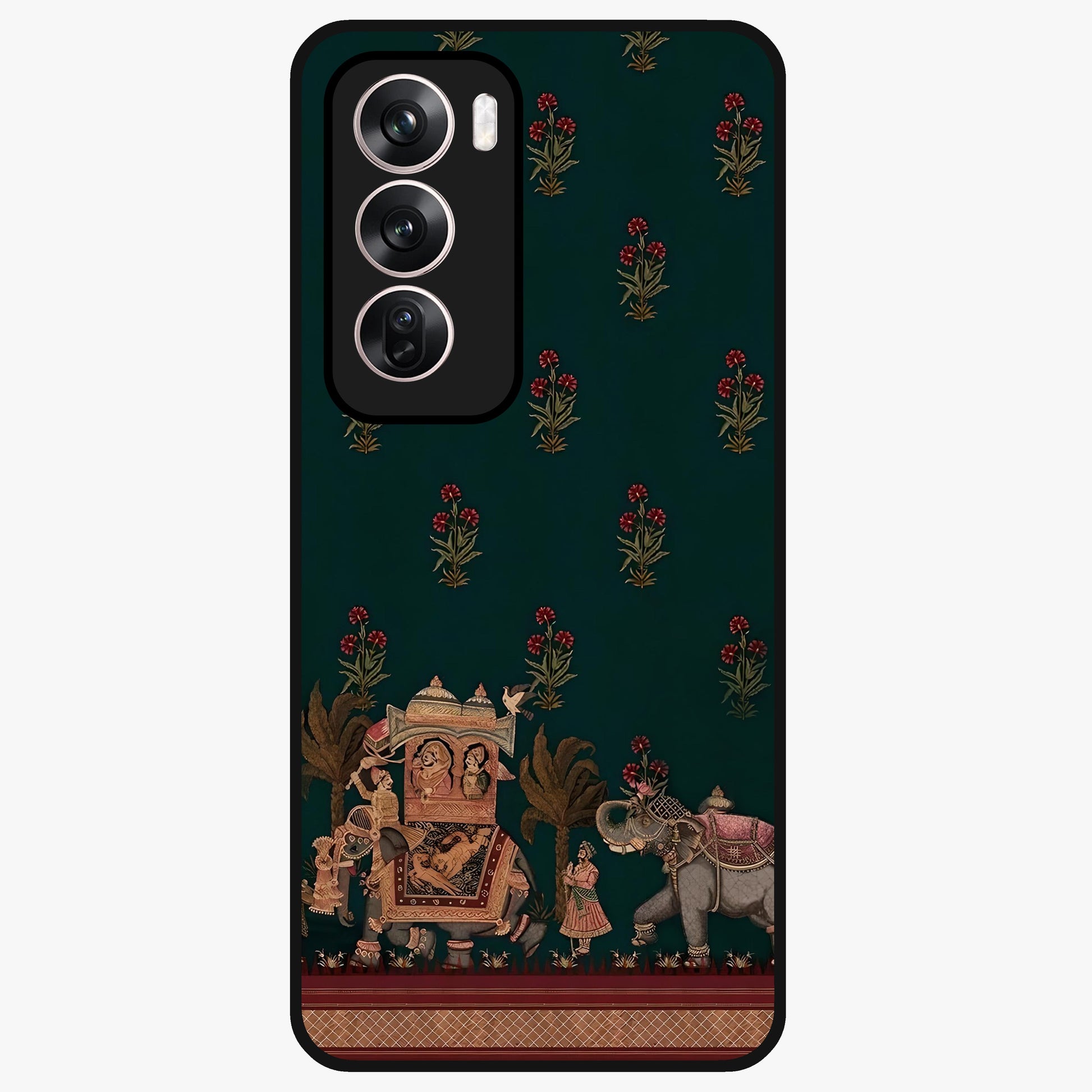 Macmerise Glass Case showing flat back view with stylish modern artwork and glossy glass finish.