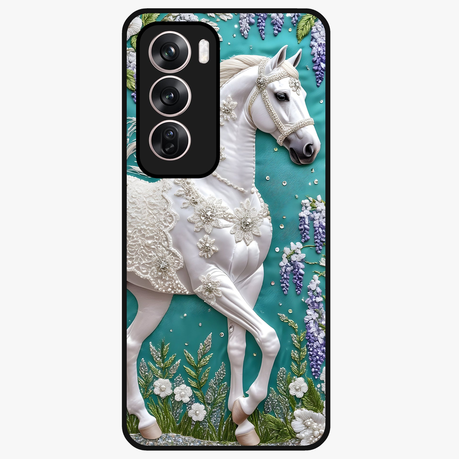 Majestic Floral Stallion Glass Case showing flat back view with powerful horse and floral artwork and glossy glass finish.