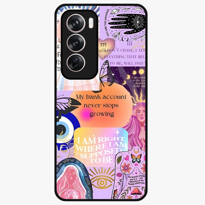 Manifestation Collage Glass Case showing flat back view with motivational collage artwork and glossy glass finish.