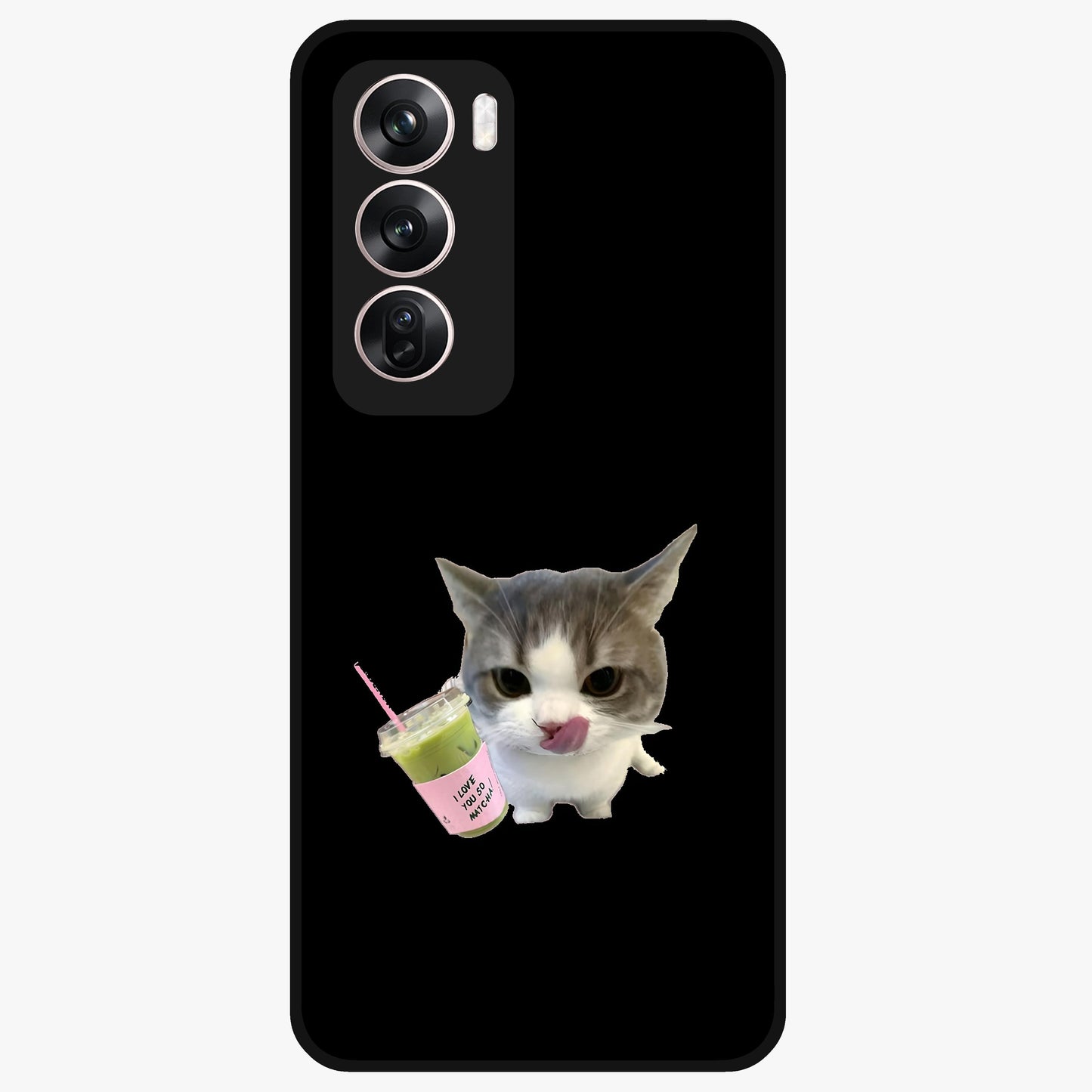 Matcha Cat Style Glass Case showing flat back view with cute matcha themed cat artwork and glossy glass finish.