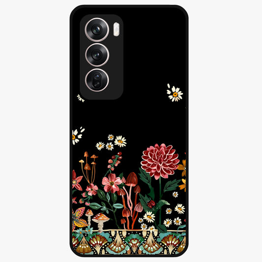 Midnight Bloom Pattern Glass Case showing flat back view with dark floral pattern artwork and glossy glass finish.