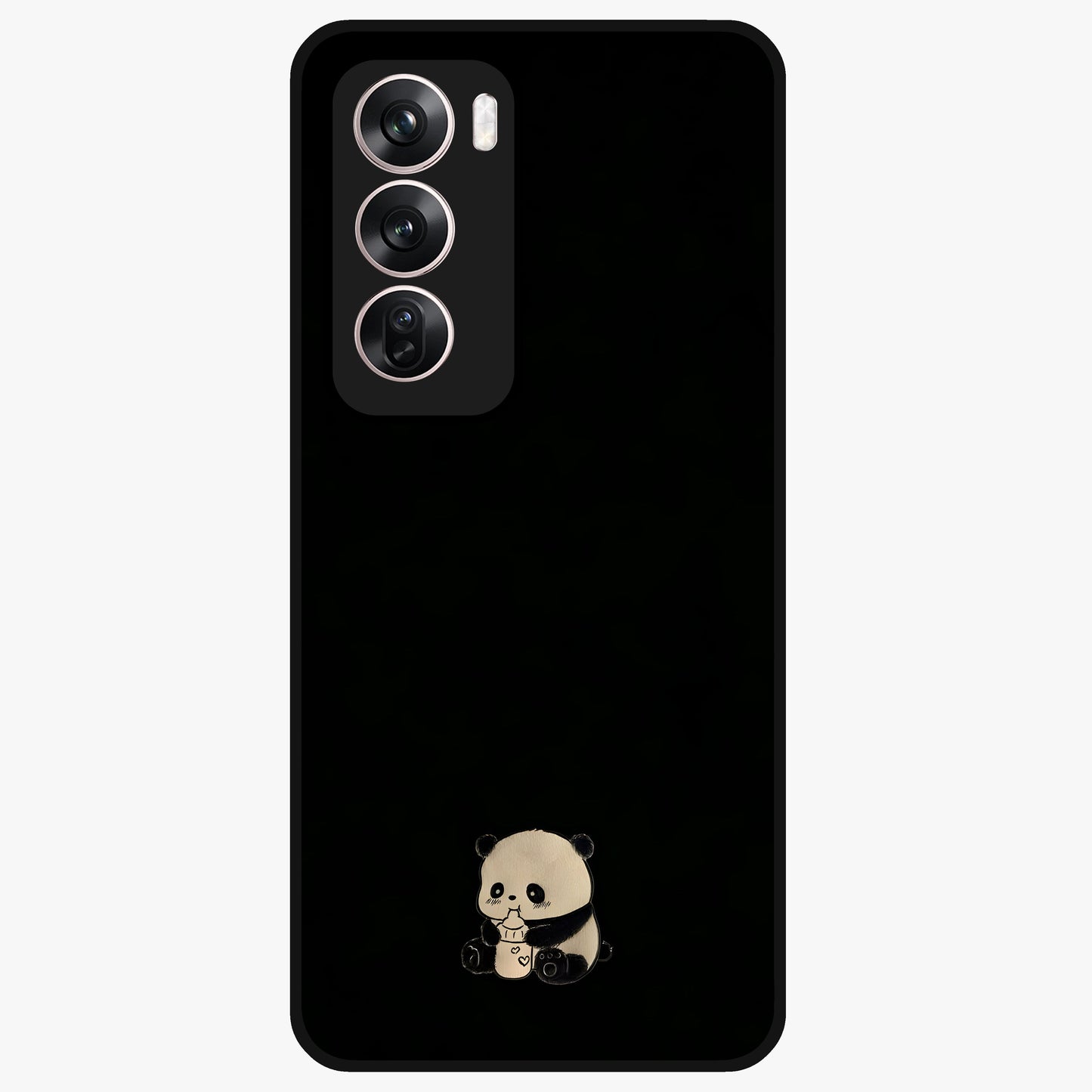 Midnight Panda Love Glass Case showing flat back view with cute panda themed artwork and glossy glass finish.