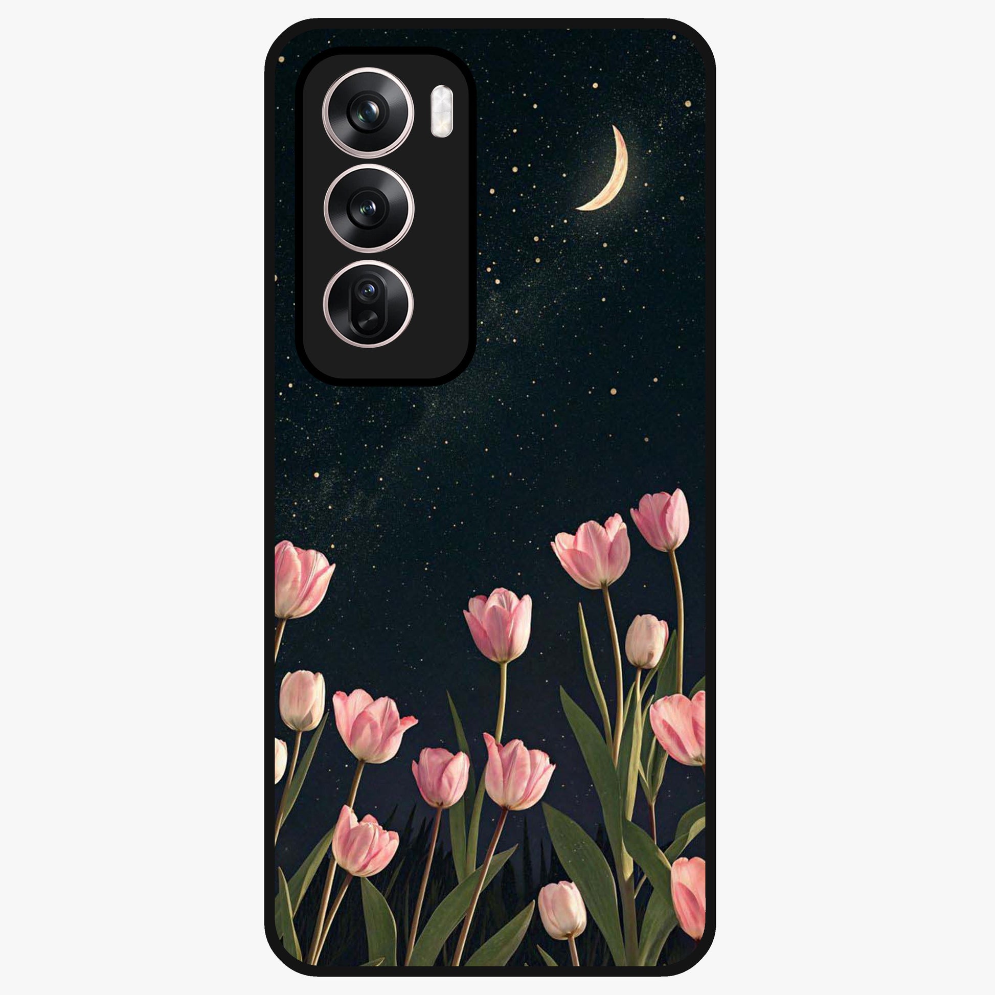 Midnight Tulip Whispers Vibe Glass Case showing flat back view with elegant tulip flower artwork and glossy glass finish.