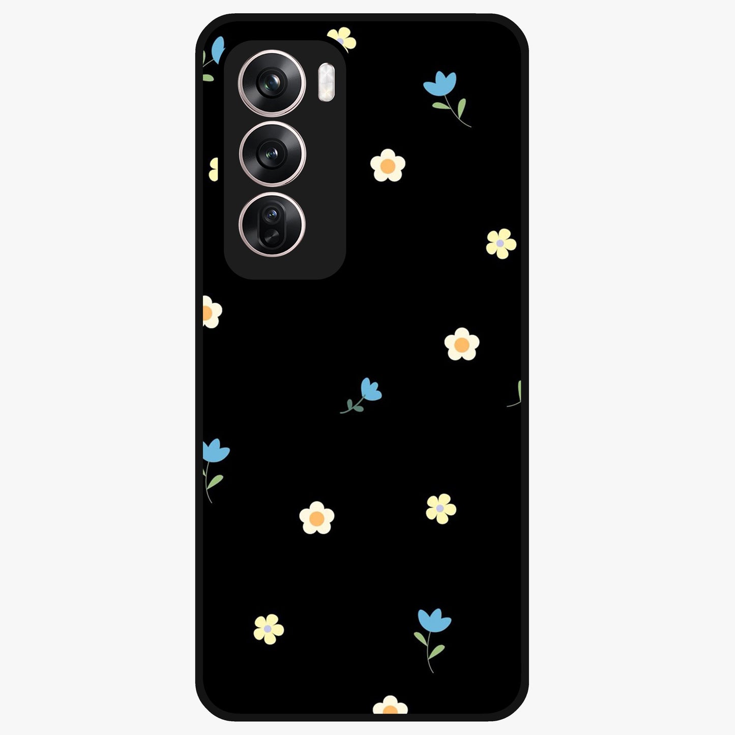 Minimalistic Blue With White Flower Pattern Glass Case showing flat back view with blue background and white flower pattern and glossy glass finish.