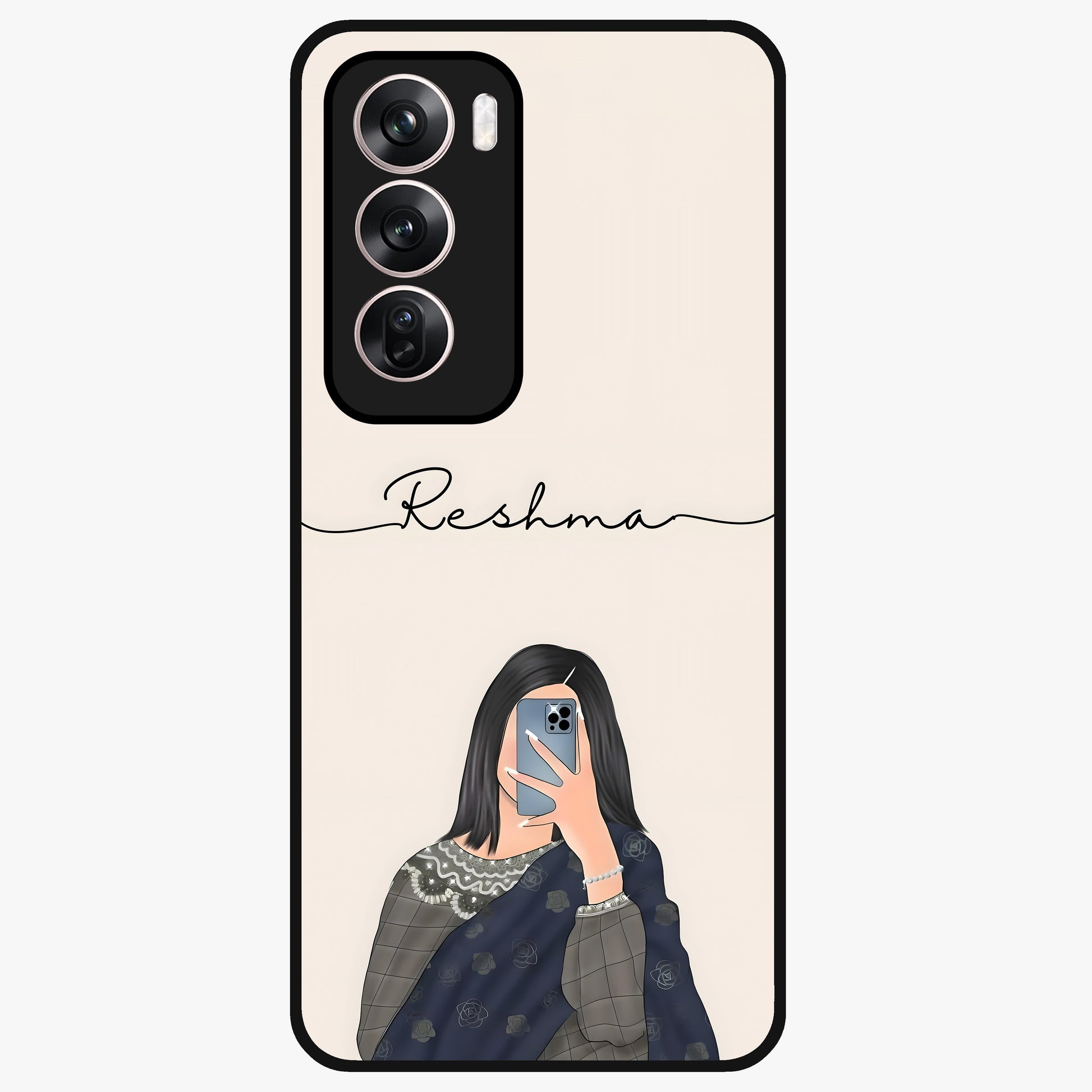 Mirror Mood Muse With Custom Name Glass Case showing flat back view with stylish mirrored artwork and personalized name design.