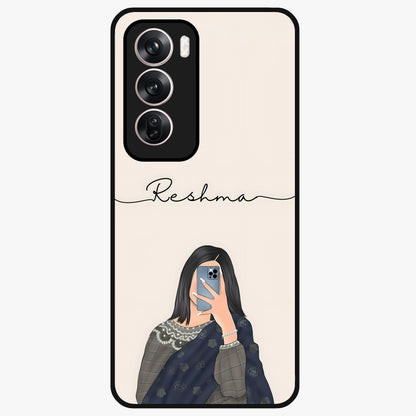 Mirror Mood Muse With Custom Name Glass Case showing flat back view with stylish mirrored artwork and personalized name design.