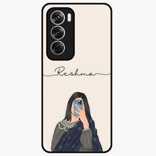 Mirror Mood Muse With Custom Name Glass Case showing flat back view with stylish mirrored artwork and personalized name design.
