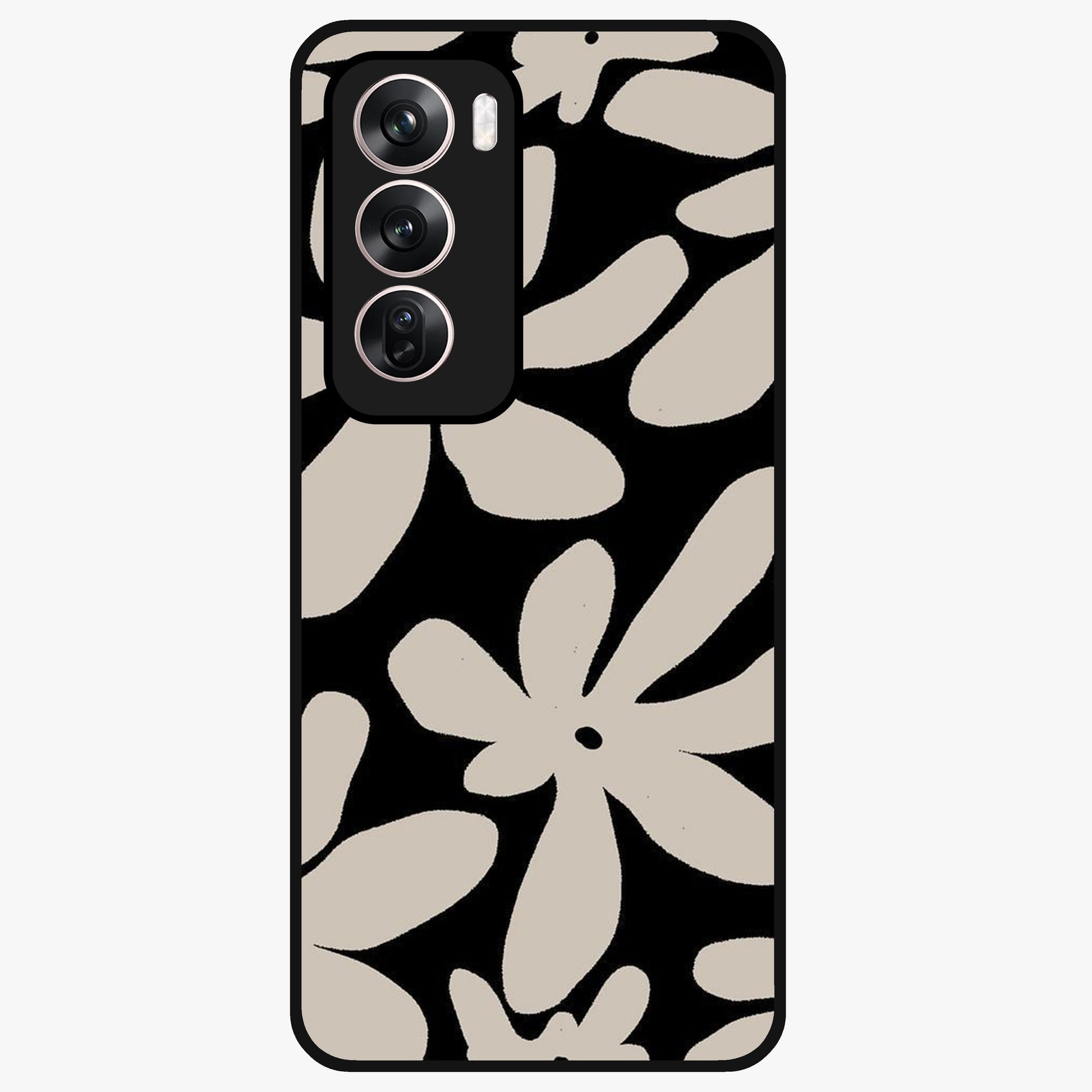 Monochrome Petal Dance Glass Case showing flat back view with monochrome floral artwork and glossy glass finish.