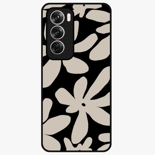 Monochrome Petal Dance Glass Case showing flat back view with monochrome floral artwork and glossy glass finish.