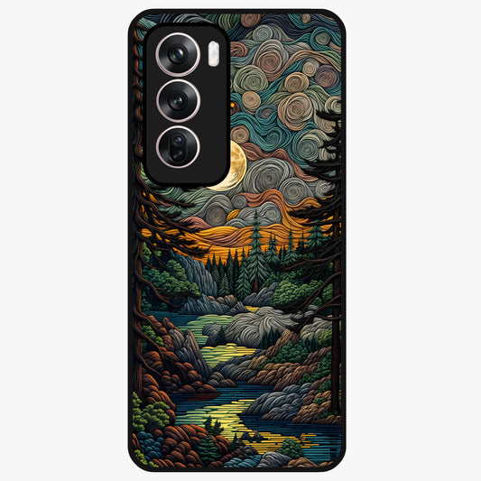 Moonlight Forest Dream Glass Case showing flat back view with mystical forest moonlight artwork and glossy glass finish.