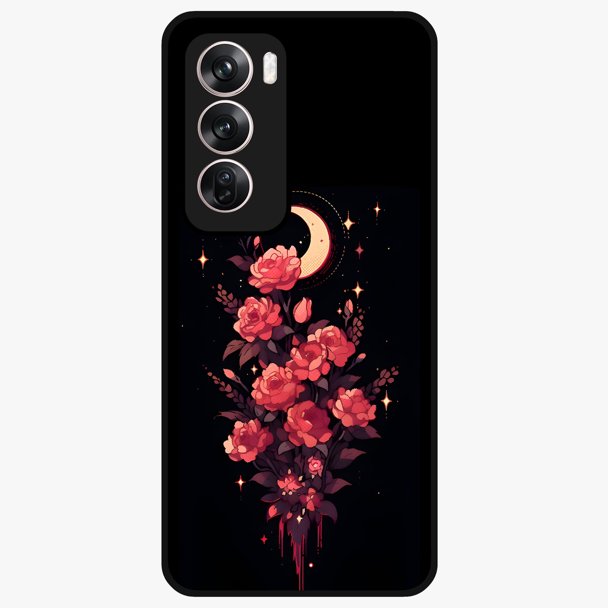 Moonlit Floral Elegance Glass Case showing flat back view with elegant floral artwork under moonlit tones and glossy glass finish.