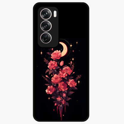 Moonlit Floral Elegance Glass Case showing flat back view with elegant floral artwork under moonlit tones and glossy glass finish.