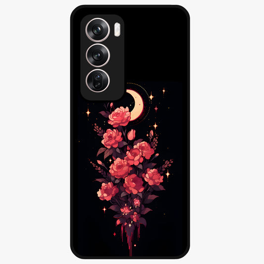 Moonlit Floral Elegance Glass Case showing flat back view with elegant floral artwork under moonlit tones and glossy glass finish.