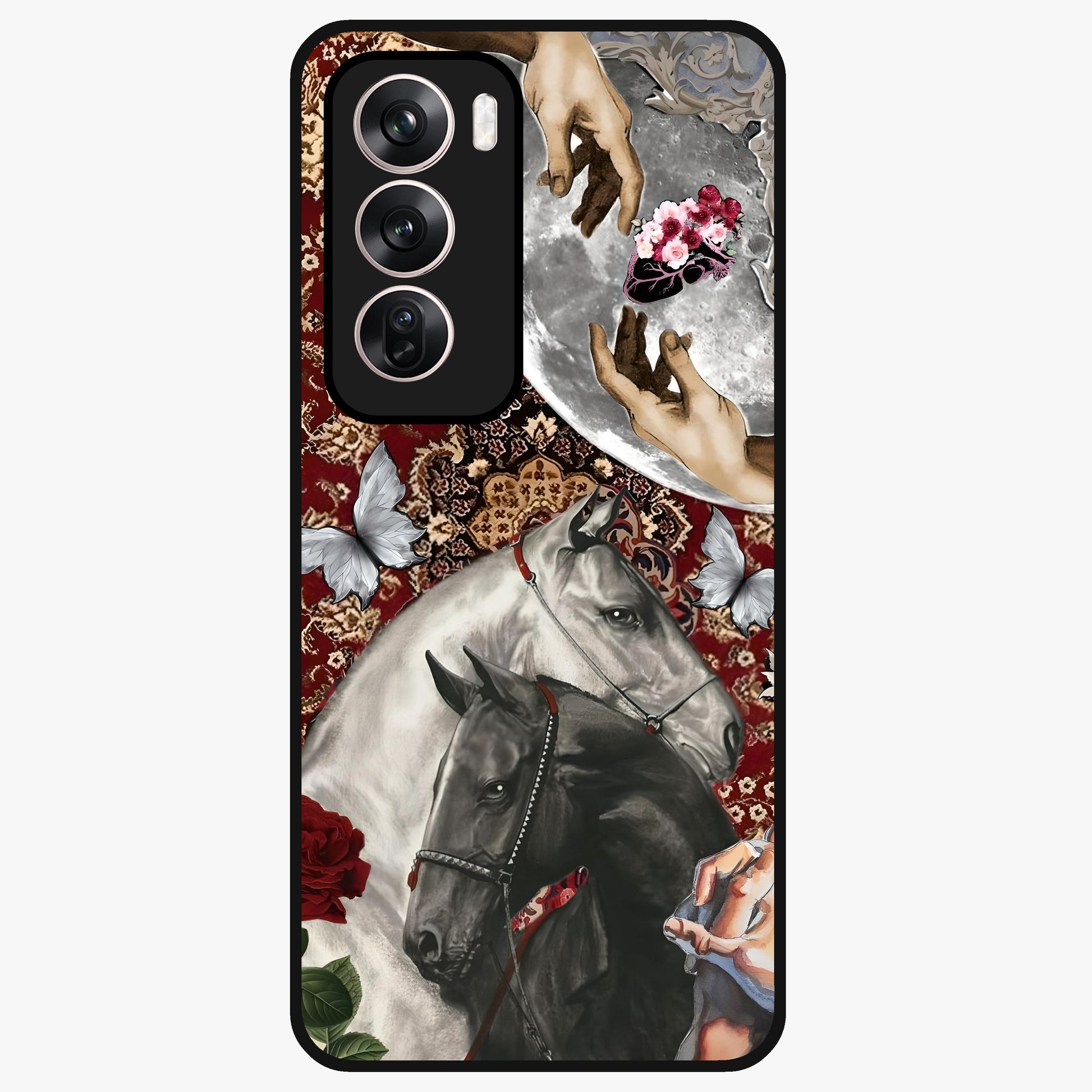 Moonlit Royal Stallion Glass Case showing flat back view with majestic horse under moonlight artwork and glossy glass finish.