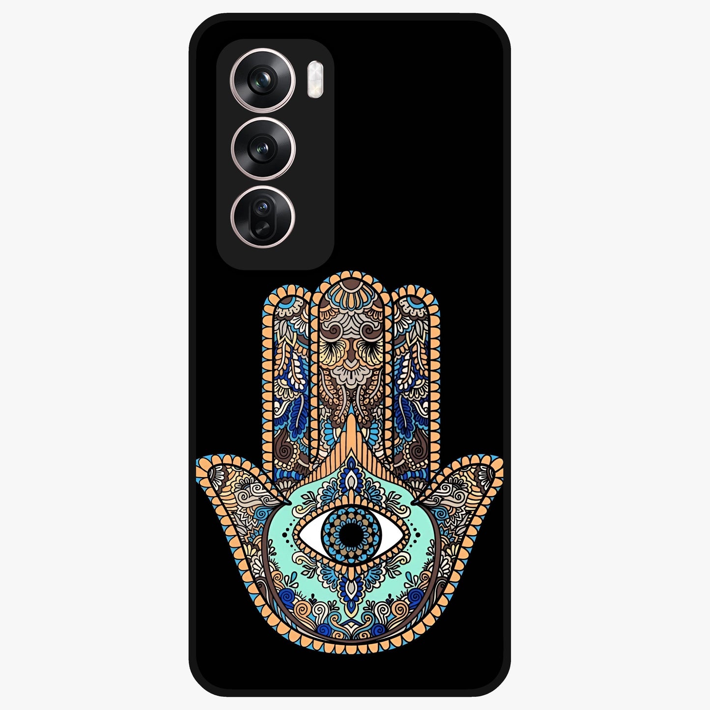 Mystic Hamsa Eye Glass Case showing flat back view with protective hamsa hand and evil eye artwork and glossy glass finish.