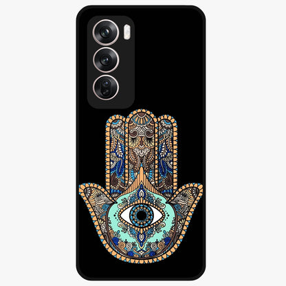 Mystic Hamsa Eye Glass Case showing flat back view with protective hamsa hand and evil eye artwork and glossy glass finish.